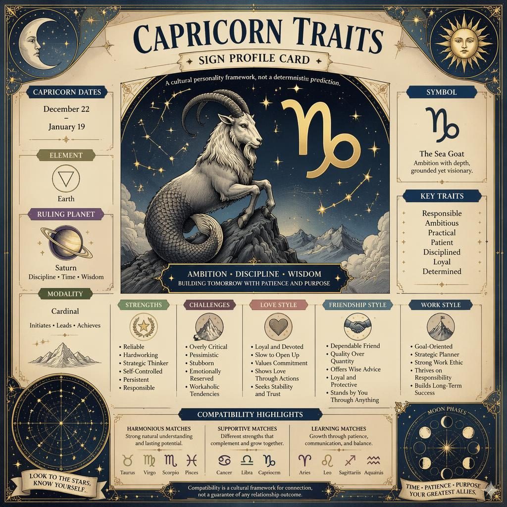 Carte infographique du Capricorne style astrologie vintage, bleu profond et or, avec glyphes, dates, Saturne et traits.