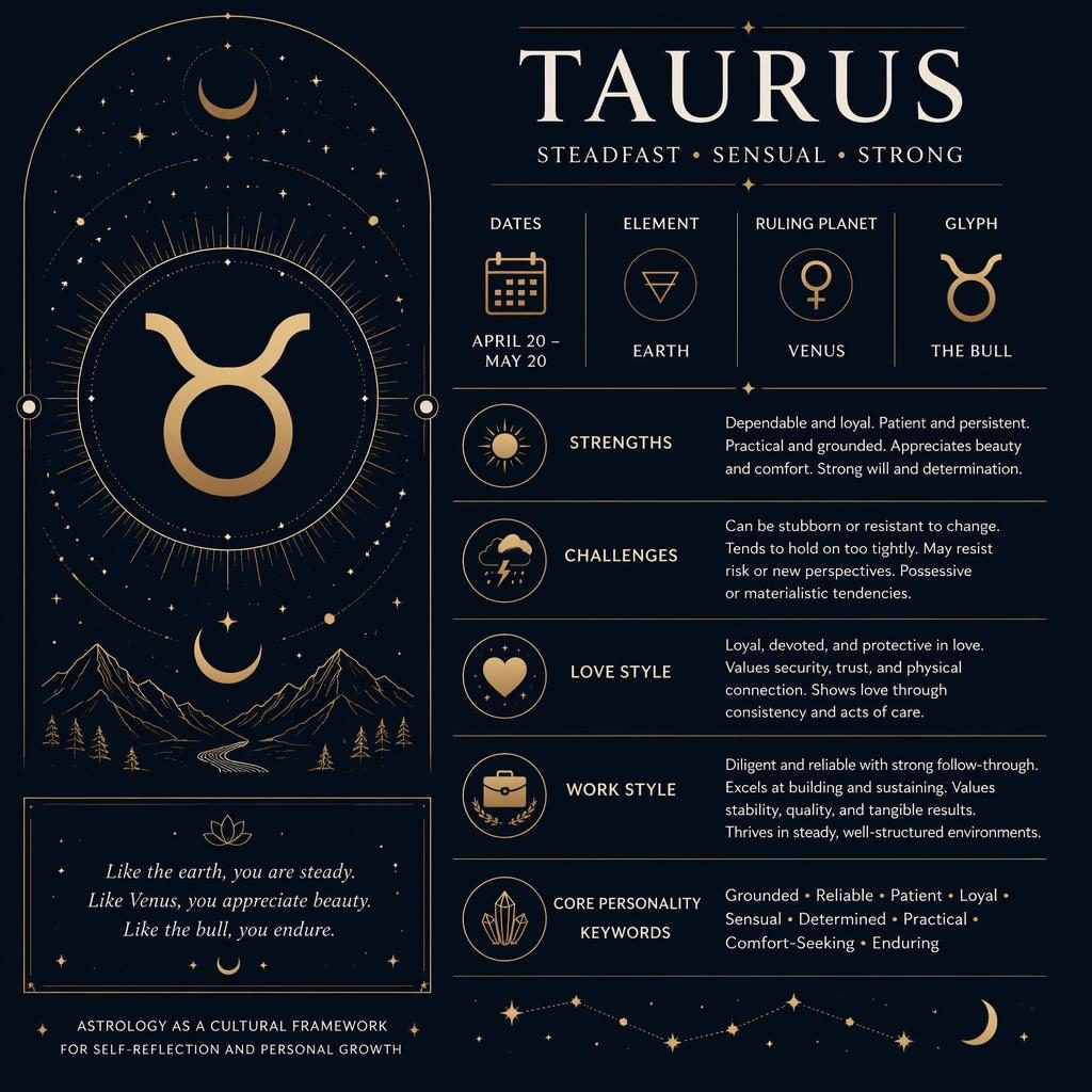 Minimal Taurus zodiac infographic card with glyph, dates, Venus, traits, constellation, moon accents, and deep blue gold details.