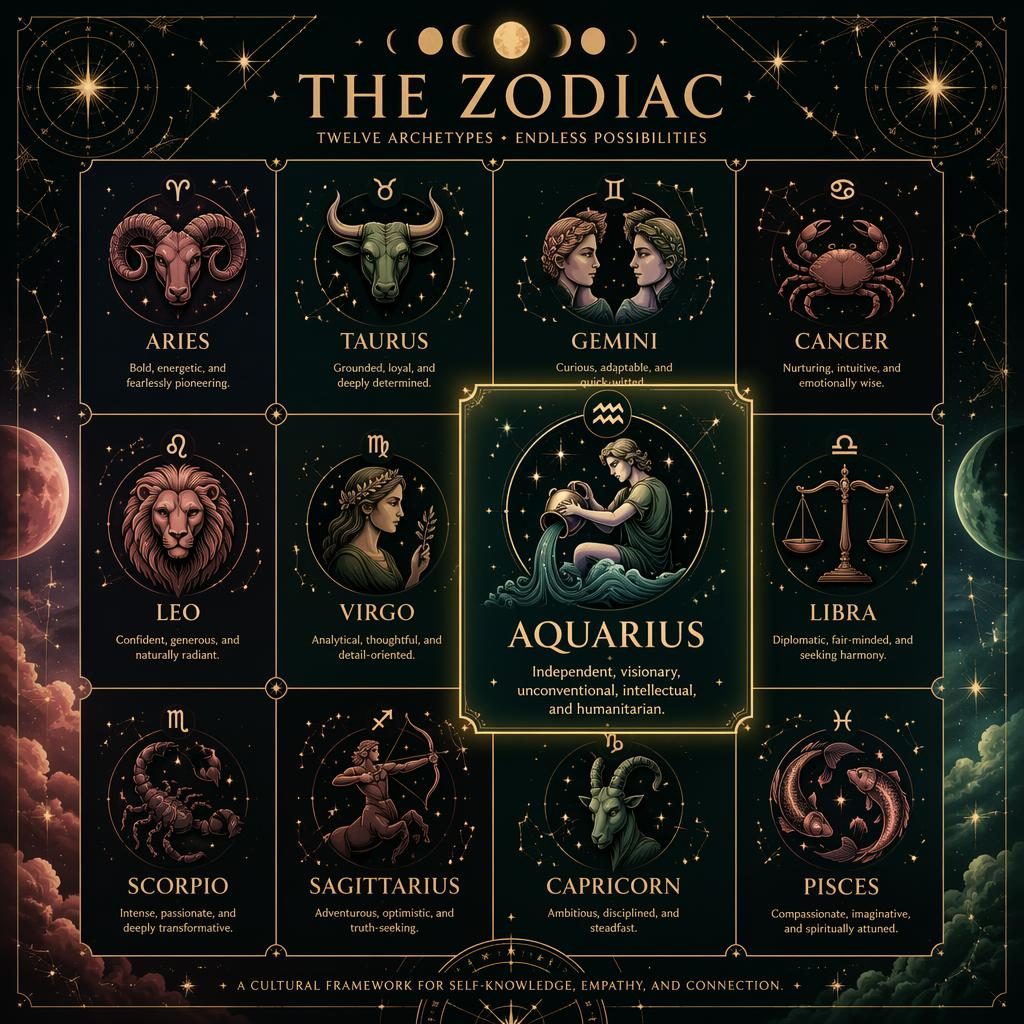 Infografía zodiacal de 12 paneles con Acuario destacado, constelaciones, fases lunares, carta estelar y acentos dorados.