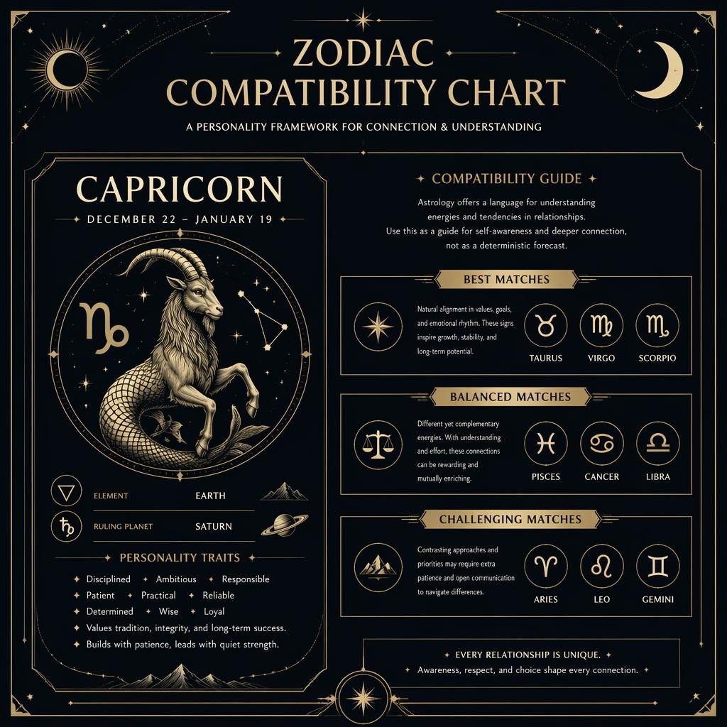 Infographie zodiacale Art déco pour le Capricorne, carte profil avec glyphes, dates, traits, compatibilités et cadre céleste.