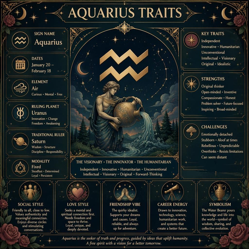 Infografía mística de Acuario con glifo zodiacal grande, marco ornamental, constelaciones, lunas y detalles celestes vintage.