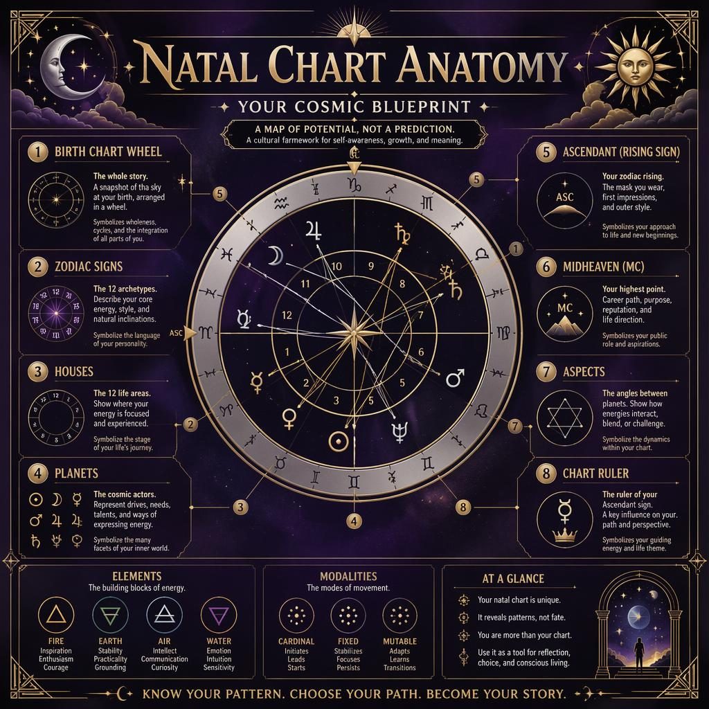 Infografía zodiacal art déco en morado profundo con acentos dorados y plateados, rueda natal central y secciones explicativas.