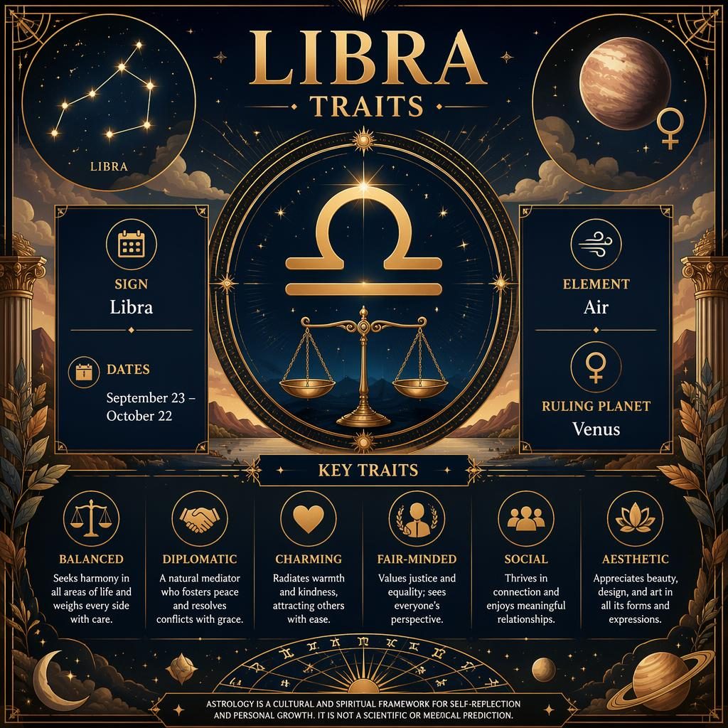 Art deco Libra traits infographic with gold Libra glyph, dates, air element, Venus, traits, constellations, and celestial frame.