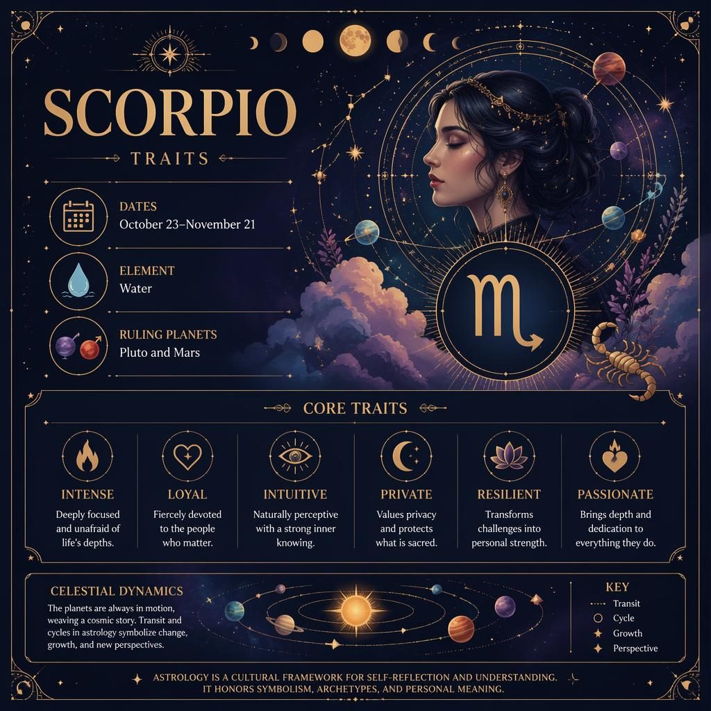 Editorial Scorpio traits infographic card with glyph, celestial portrait, star charts, moon phases, and gold details on midnight blue.