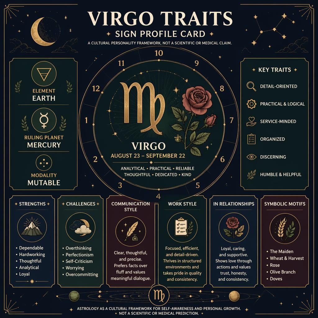 Minimal Virgo traits infographic with deep blue and gold wheel layout, rose and forest accents, hero glyph, dates, Earth, Mercury.