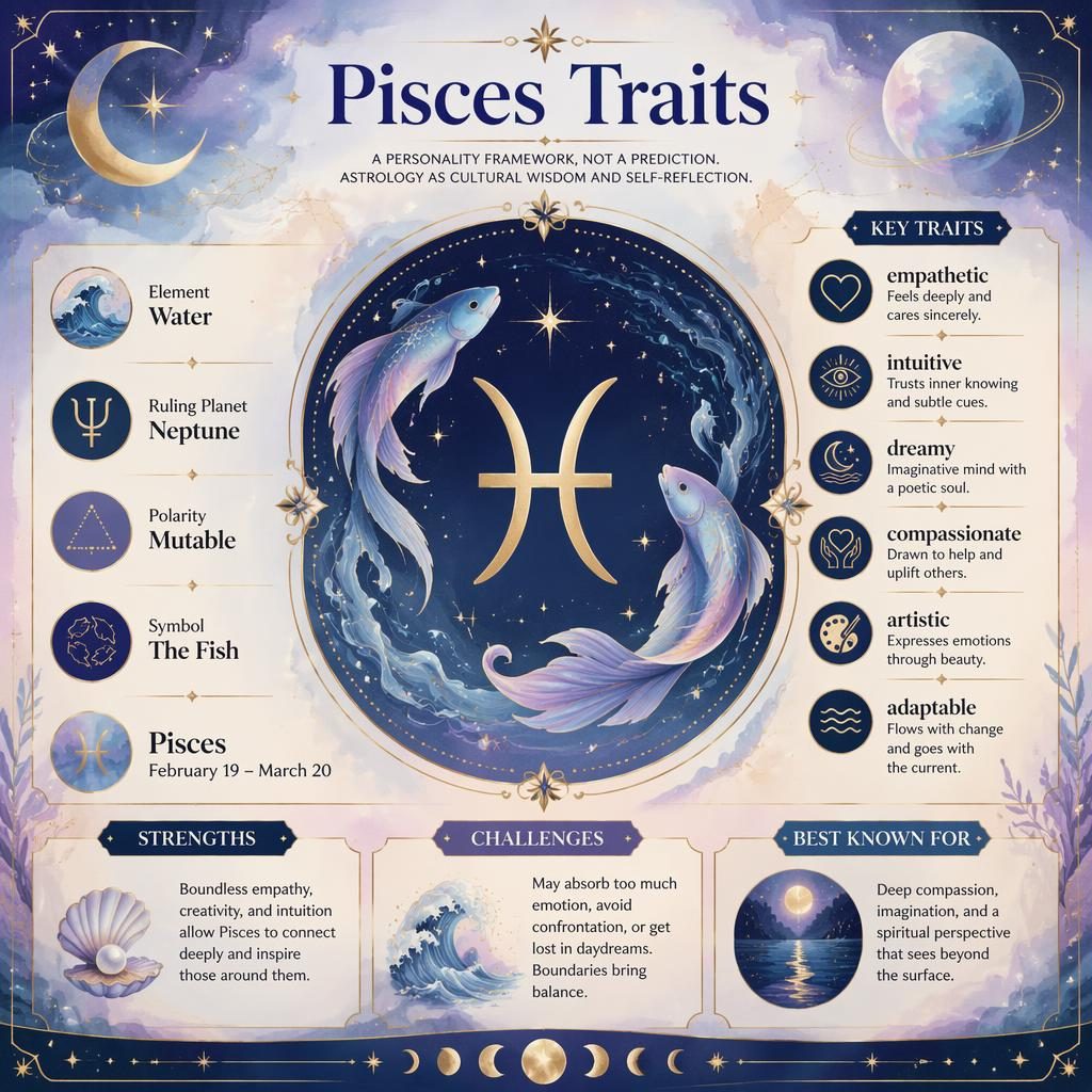 Pastel celestial Pisces Traits infographic with Pisces glyph, dates, Water element, Neptune, traits, moon phases, and gold accents.