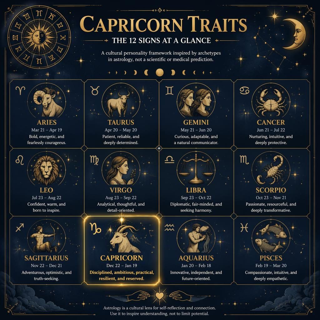 Editorial zodiac infographic in a 12-sign grid with Capricorn emphasized, deep blue and gold celestial motifs and traits.