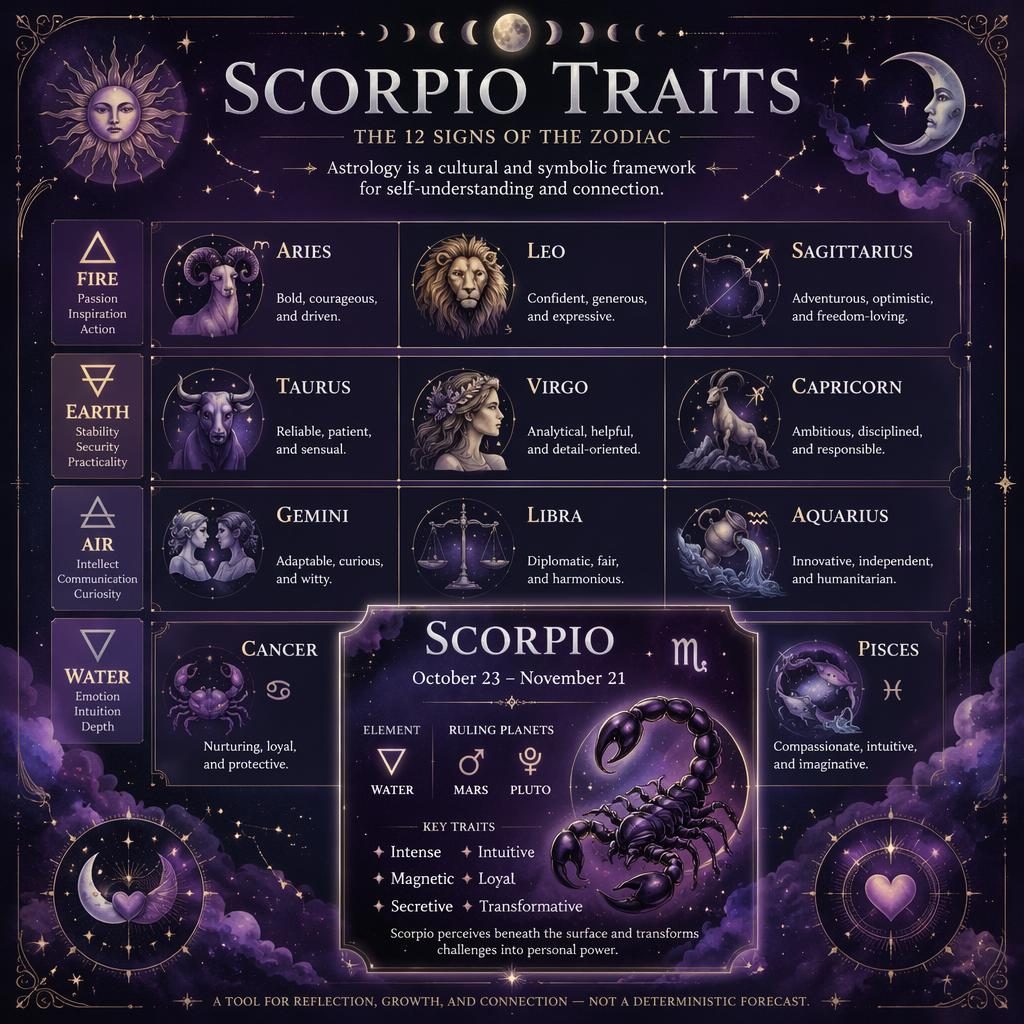 Infografía zodiacal en acuarela mística con cuadrícula de 12 signos por elementos y énfasis en Scorpio en tonos púrpura y plata.