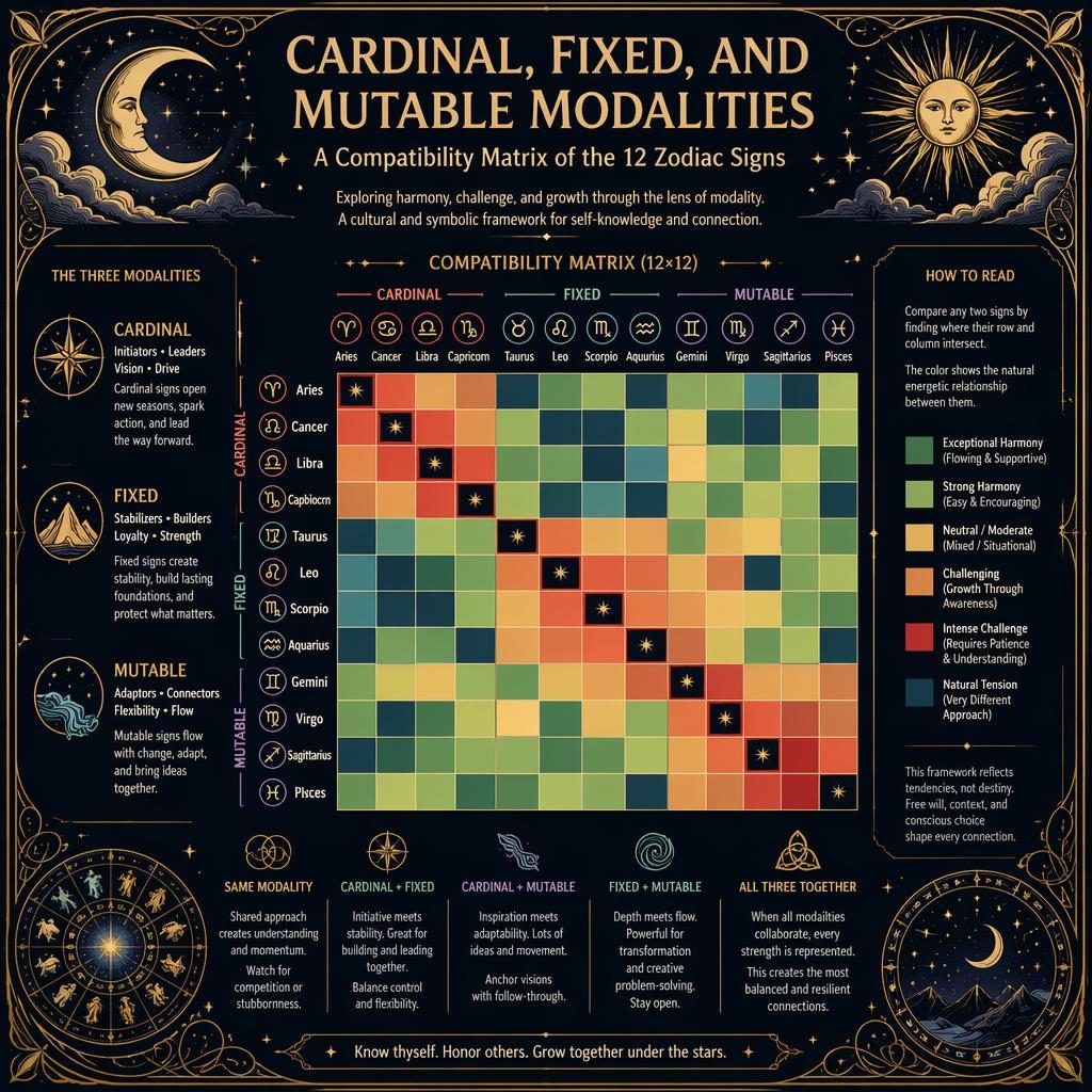 Art nouveau zodiac infographic with a 12×12 compatibility heatmap, zodiac signs, modality groups, and celestial gold details.