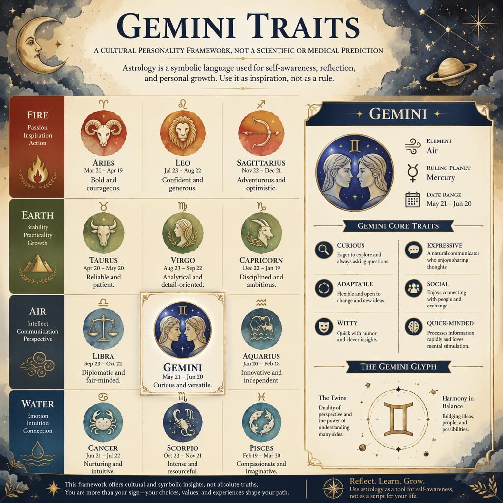 Celestial zodiac infographic with 12-sign element grid, Gemini highlighted, watercolor stars, moons, glyphs, and traits.