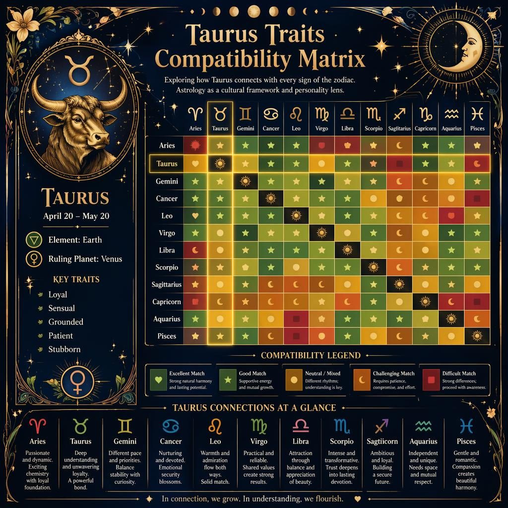 Infografía mística estilo art nouveau con matriz 12x12 de compatibilidad zodiacal, Tauro destacado, fondo azul y detalles dorados.
