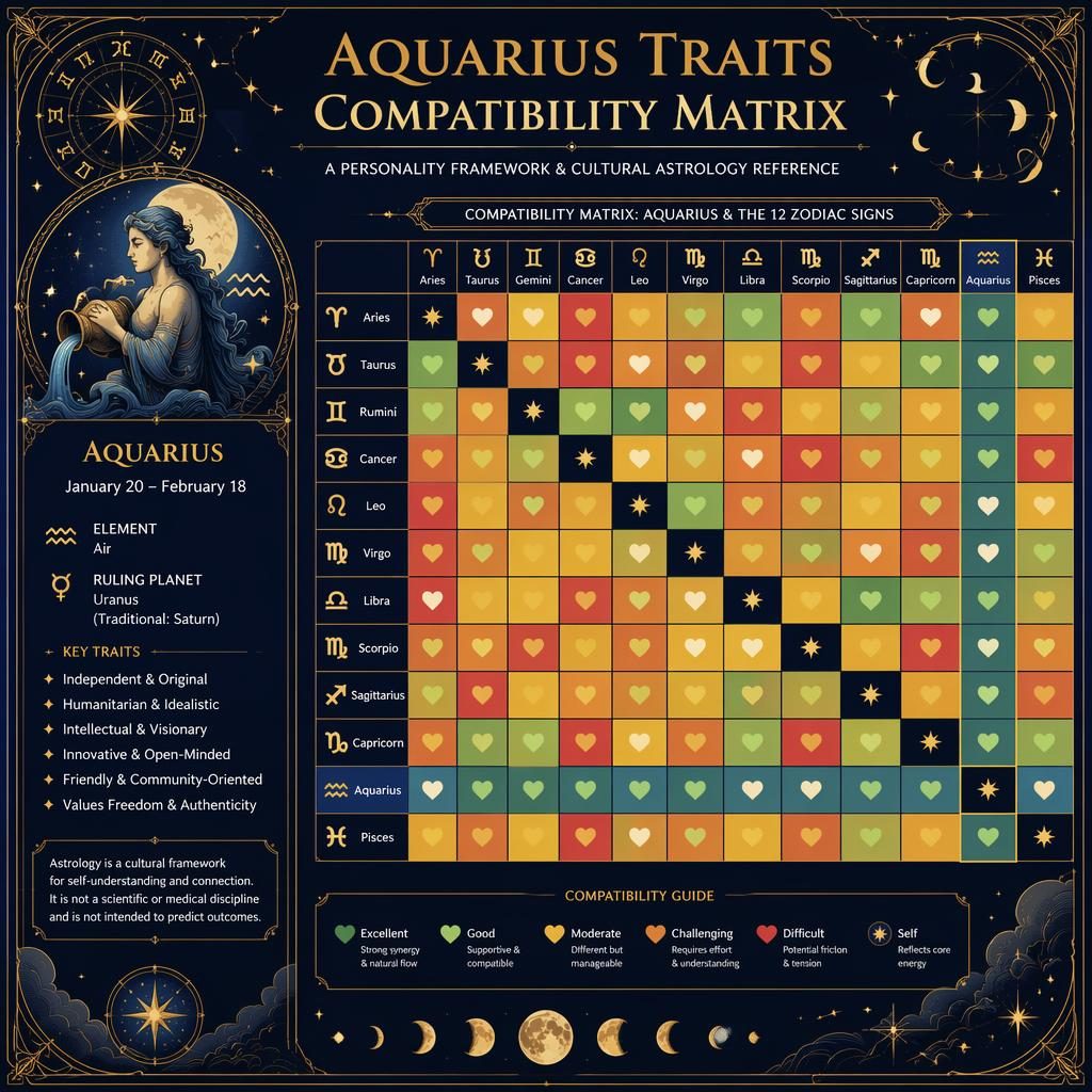 Art nouveau Aquarius compatibility matrix infographic with 12x12 zodiac heatmap, profile panel, zodiac wheel, stars, moon phases.