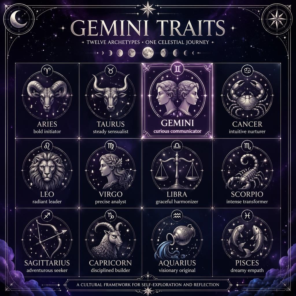 Celestial zodiac infographic with all 12 signs in a deep purple and silver grid, Gemini highlighted with trait labels.