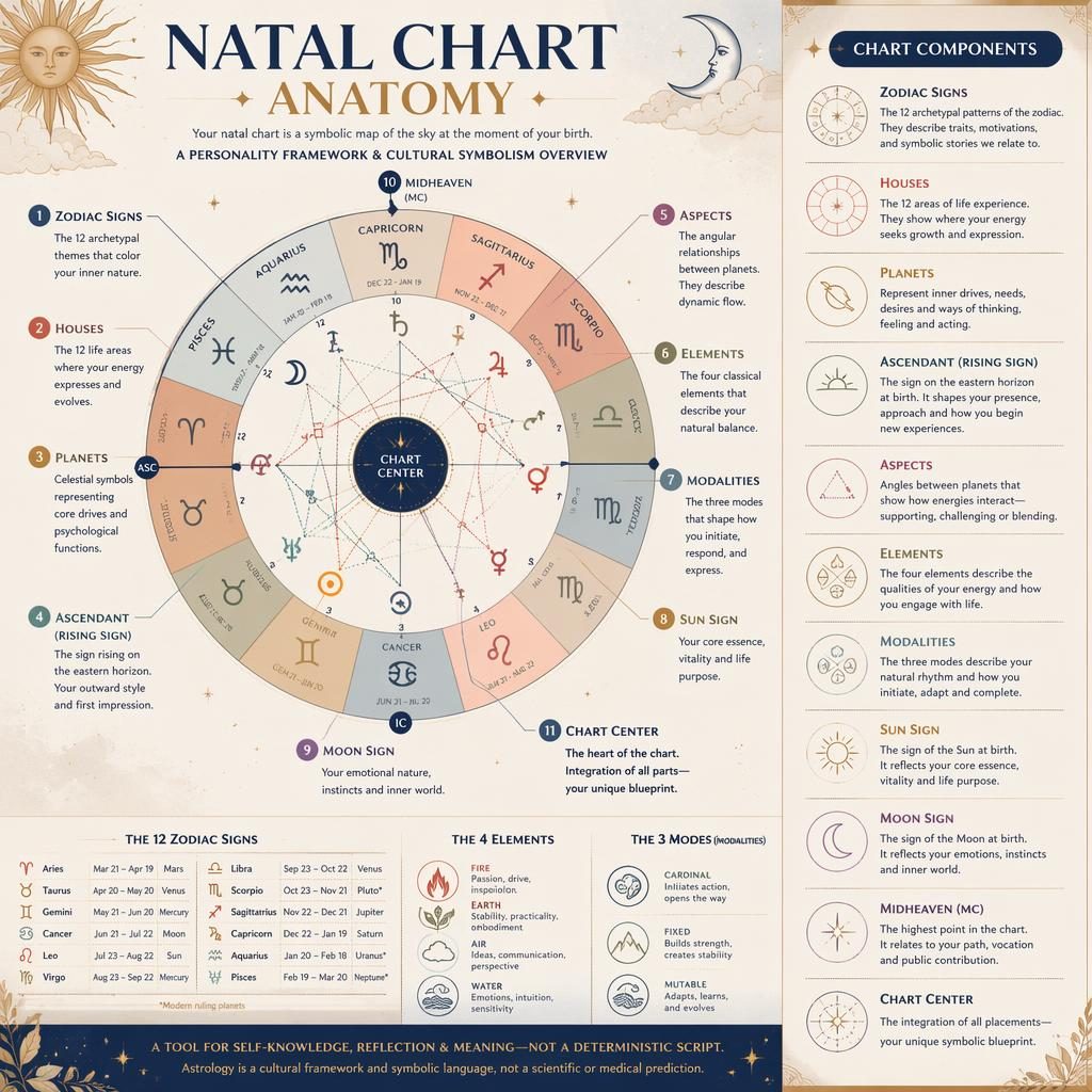 Pastel zodiac infographic showing a circular natal chart wheel, labeled chart anatomy, and a side panel with traits.