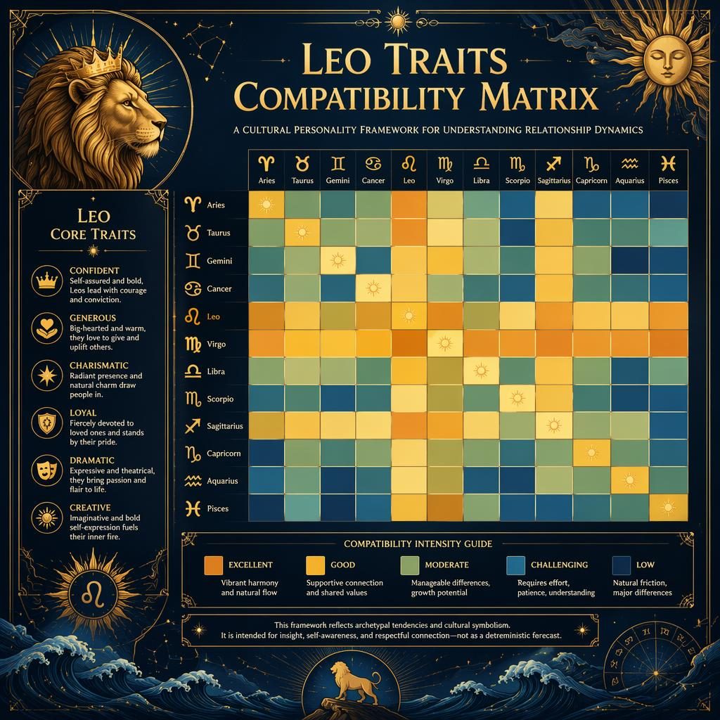 Art nouveau zodiac infographic with a 12x12 Leo compatibility heatmap, midnight blue and gold, celestial motifs and trait panel.
