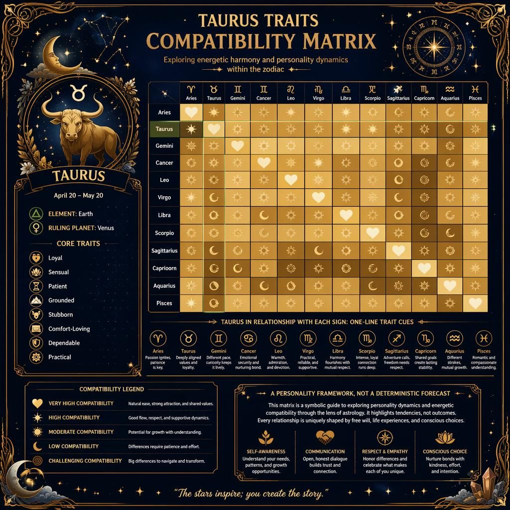 Art nouveau Taurus compatibility matrix infographic with zodiac heatmap, gold celestial motifs, midnight blue background, and trait legend.