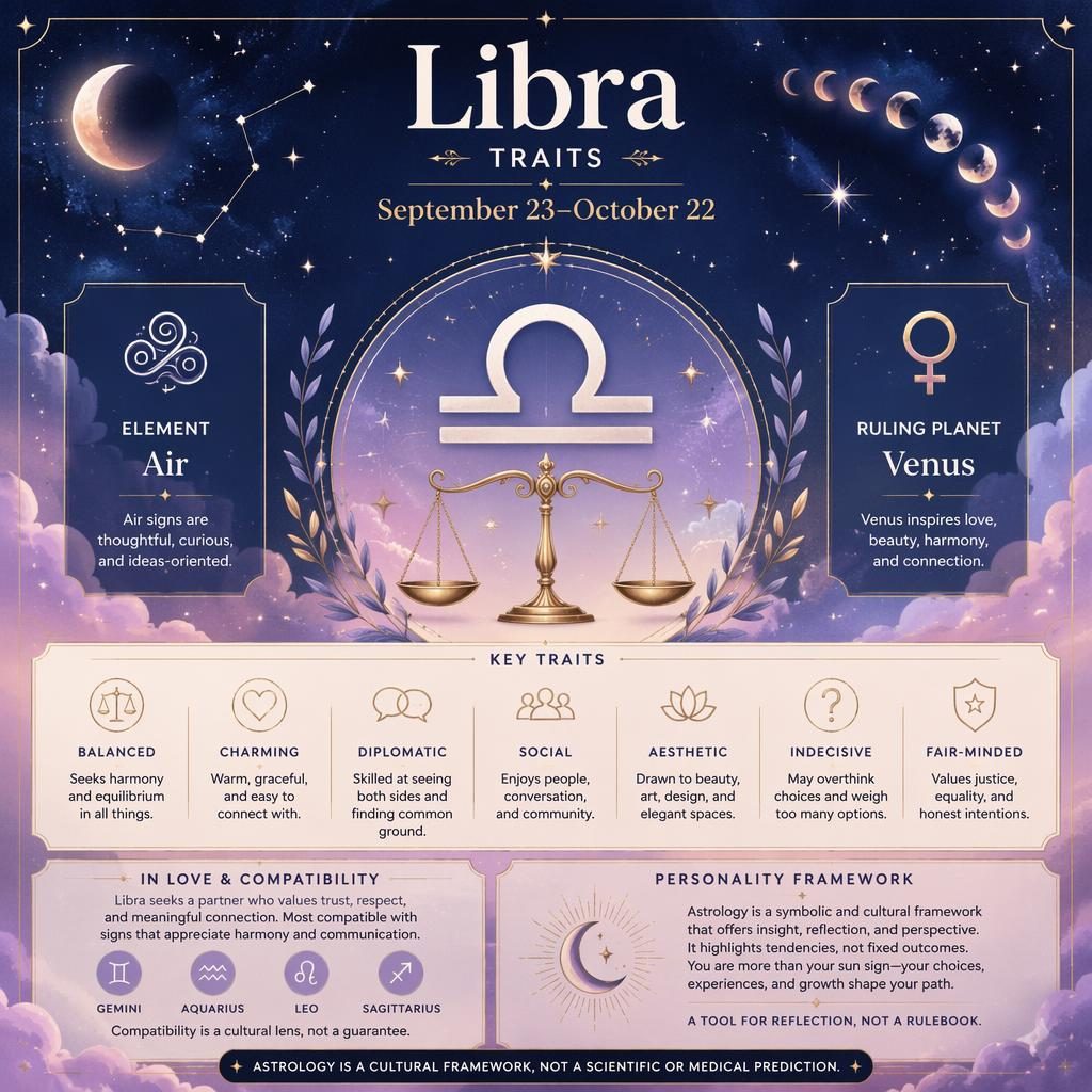Infografía mística de Libra con glifo central, balanza, fechas, elemento aire, Venus y rasgos sobre cielo pastel