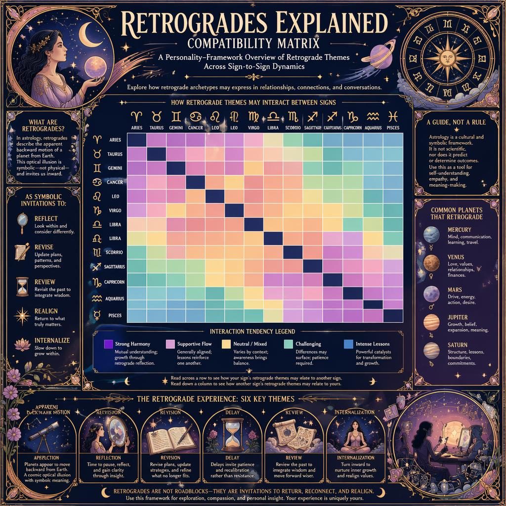 Art nouveau zodiac infographic with 12×12 compatibility matrix, celestial icons, pastel blue and gold palette, and retrograde notes.
