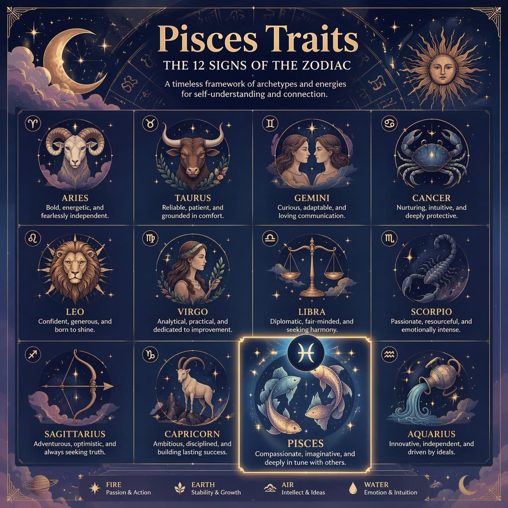 Celestial 12-sign zodiac grid infographic with Pisces highlighted, pastel blue and gold stars, moons, constellations.
