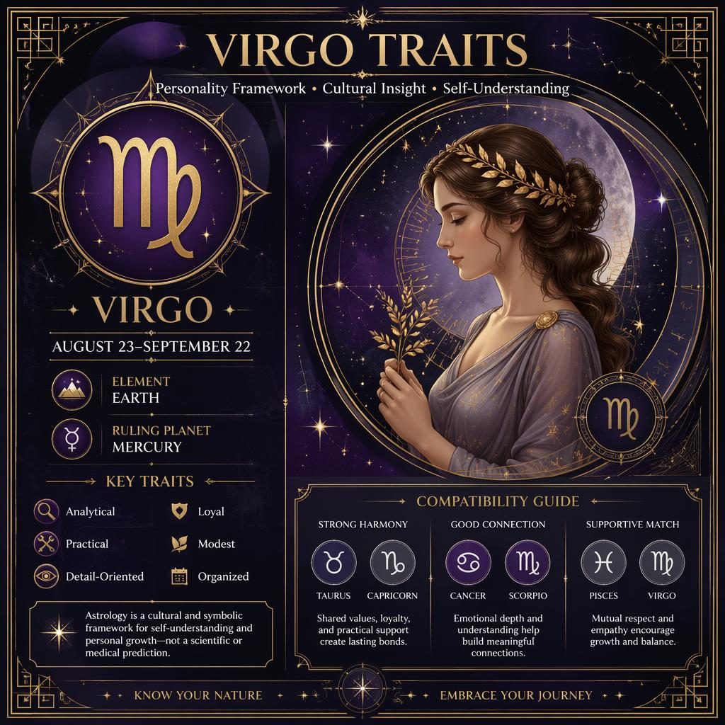Infografía zodiacal Virgo Traits con glifo de Virgo, fechas 23 Aug–22 Sep, oro art déco, fondo púrpura y plata.