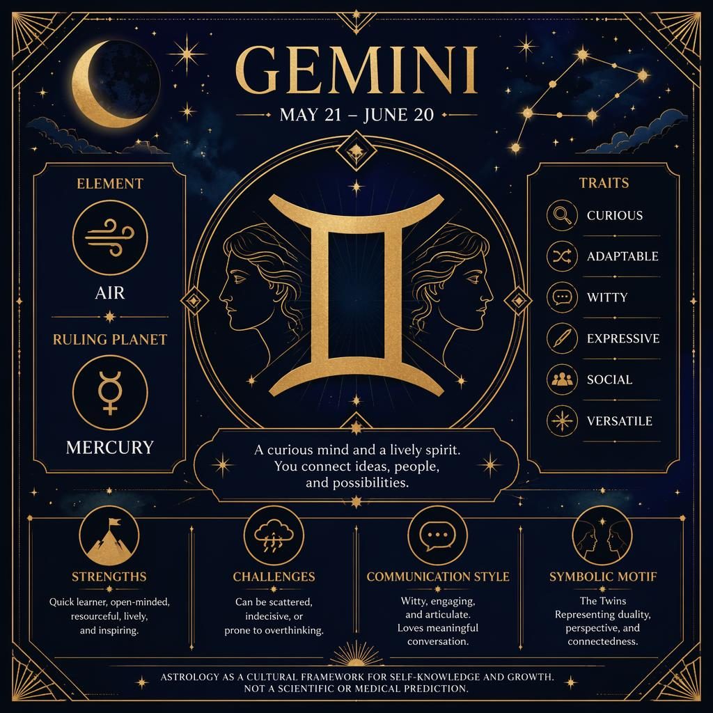 Gemini Traits infographic card with centered zodiac glyph, gold Art Deco frame, midnight blue sky, stars, traits, dates, Air and Mercury.