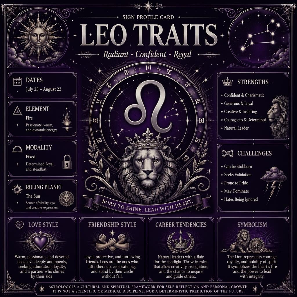 Vintage Leo traits infographic with central lion glyph, zodiac wheel, celestial linework, and English profile sections in purple and silver.