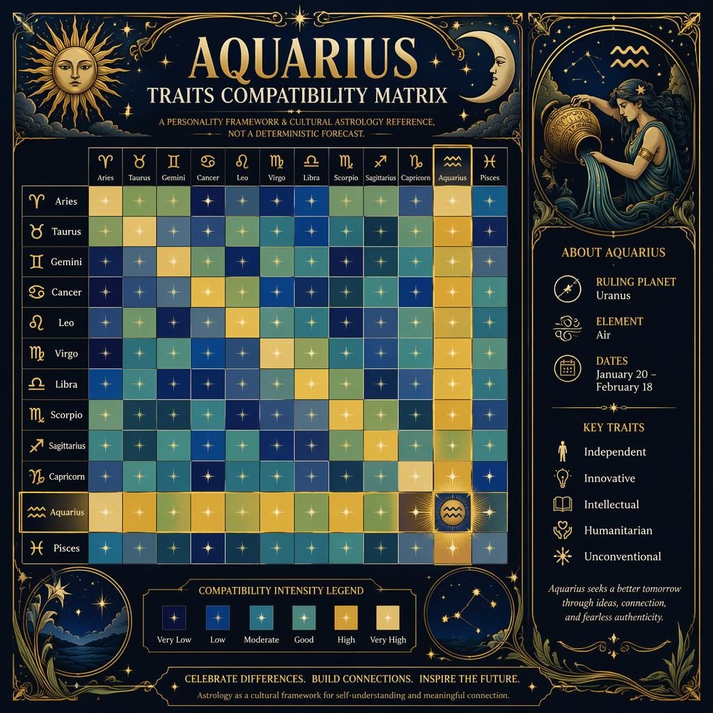 Infographie astrologique Art nouveau : matrice 12×12 des signes, Verseau mis en avant, bleu nuit et or, motifs célestes.