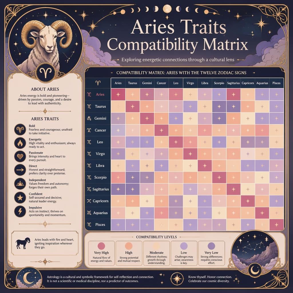 Infografía de Aries con matriz de compatibilidad 12×12, rasgos en inglés y estilo art nouveau celestial en tonos pastel.