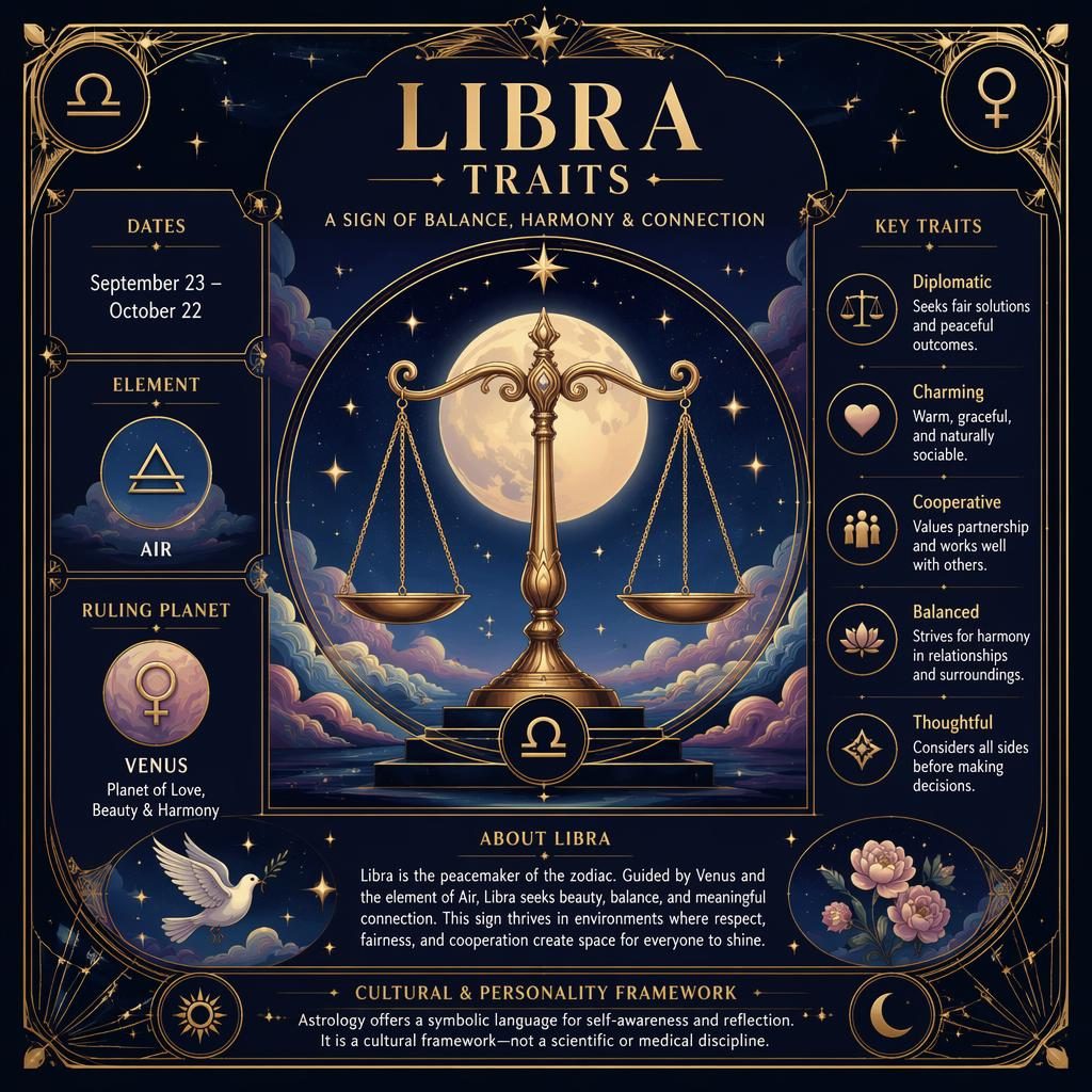 Libra traits zodiac infographic with Libra glyph, Venus ruling planet, dates, element, and personality notes in blue and gold.