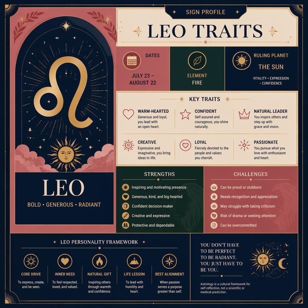 Minimal Leo traits infographic card with Leo glyph, dates, Sun ruler, strengths, challenges, stars, sun motifs, and geometric panels.