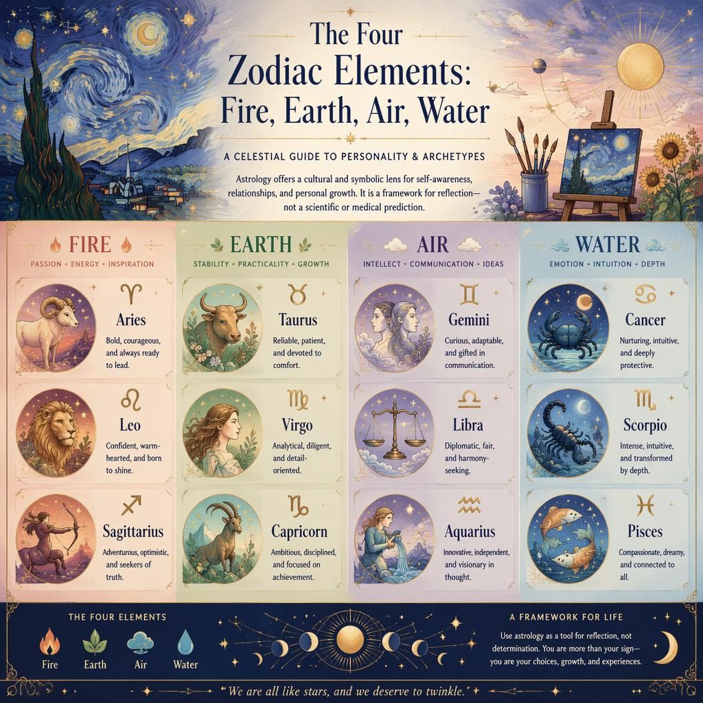 Pastel celestial zodiac infographic showing 12 signs in a balanced grid, grouped by fire, earth, air, and water.
