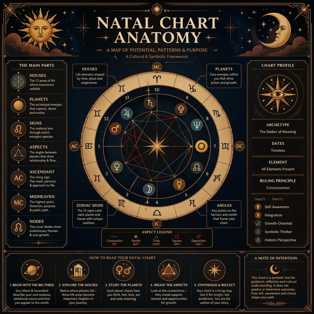 Art deco zodiac infographic with central natal chart wheel, house segments, planetary markers, aspect lines, and English callouts.