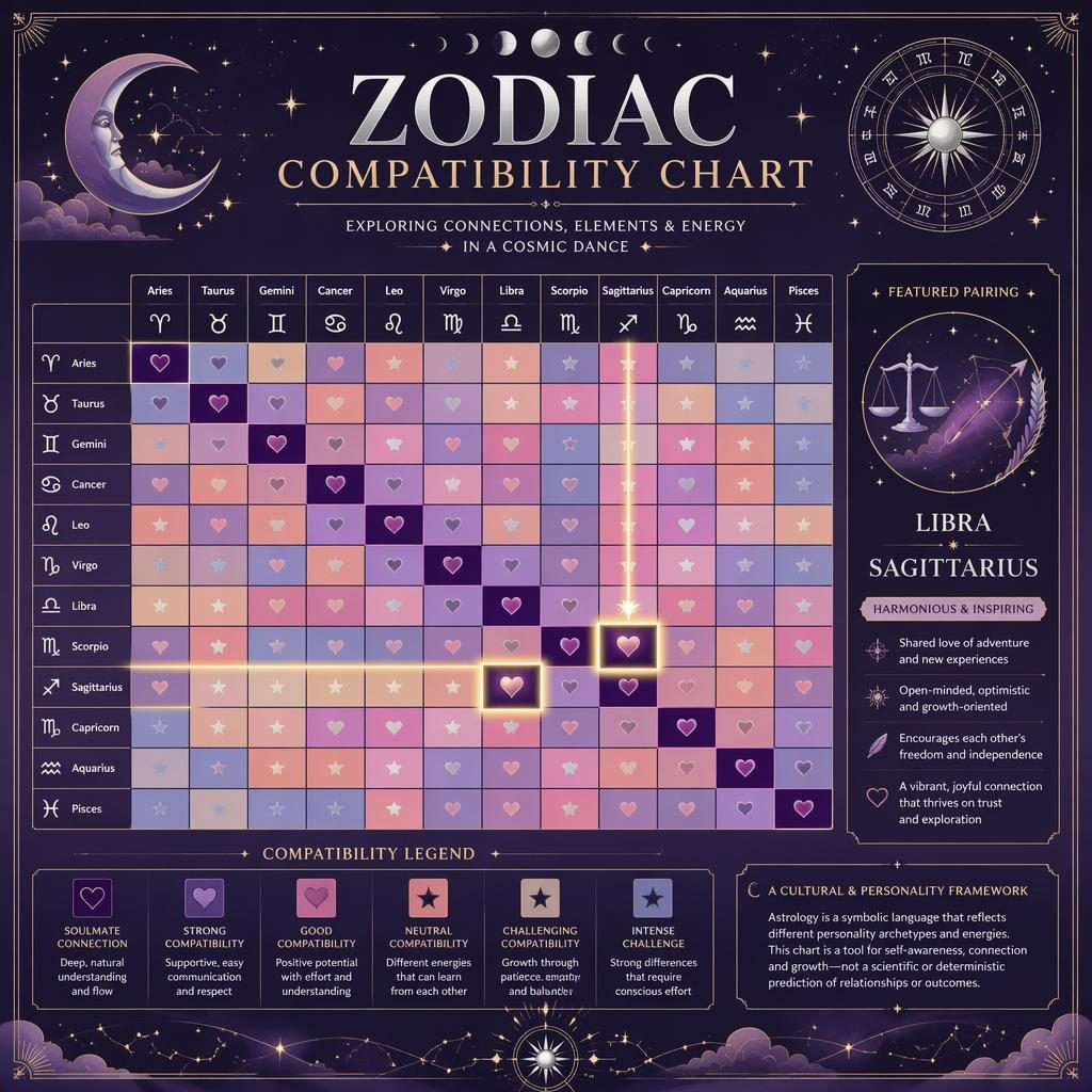 Infografía zodiacal con matriz 12x12, estilo celestial pastel morado y plata, con Libra y Sagitario destacados.