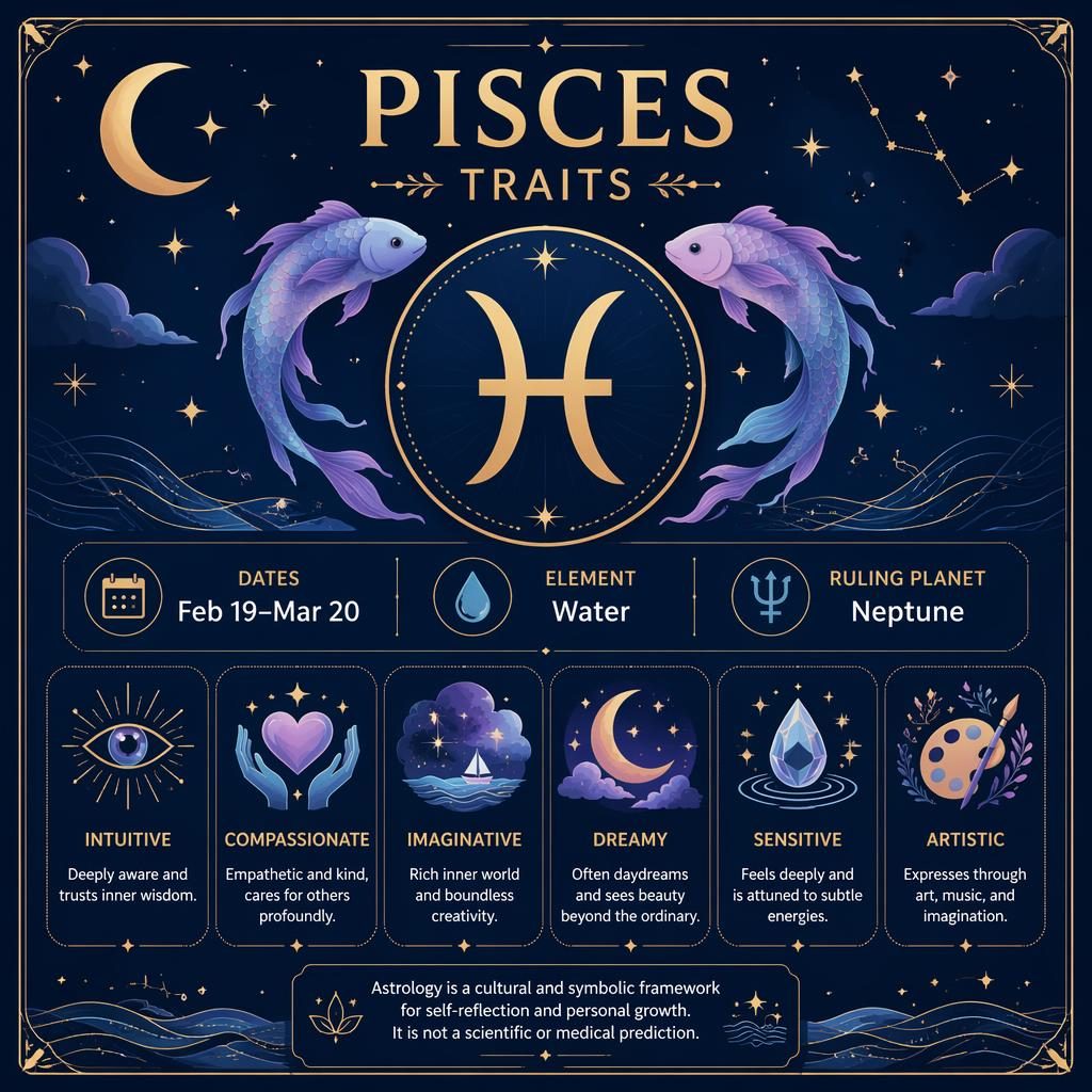 Minimal Pisces Traits infographic card with glyph, Feb 19–Mar 20, Water, Neptune, stars, crescent moon, and waves.