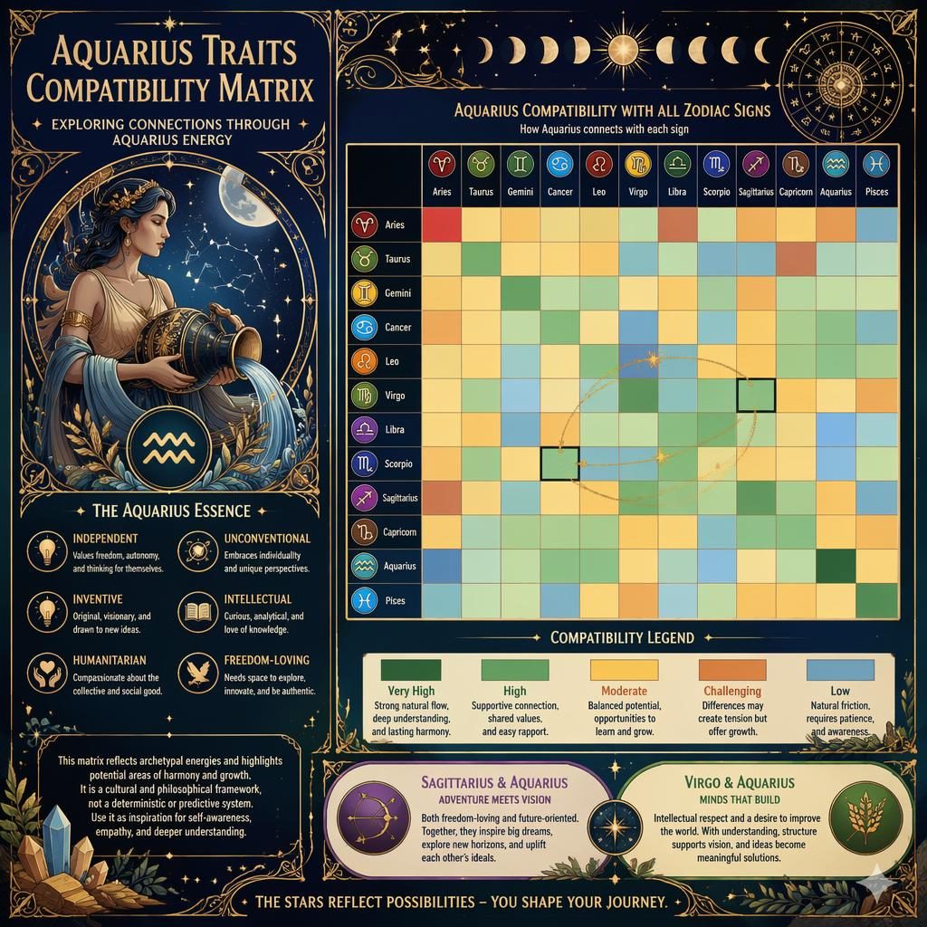 Infografía zodiacal de Acuario con matriz de compatibilidad 12x12, signos en inglés, mapa de calor celestial azul y dorado.