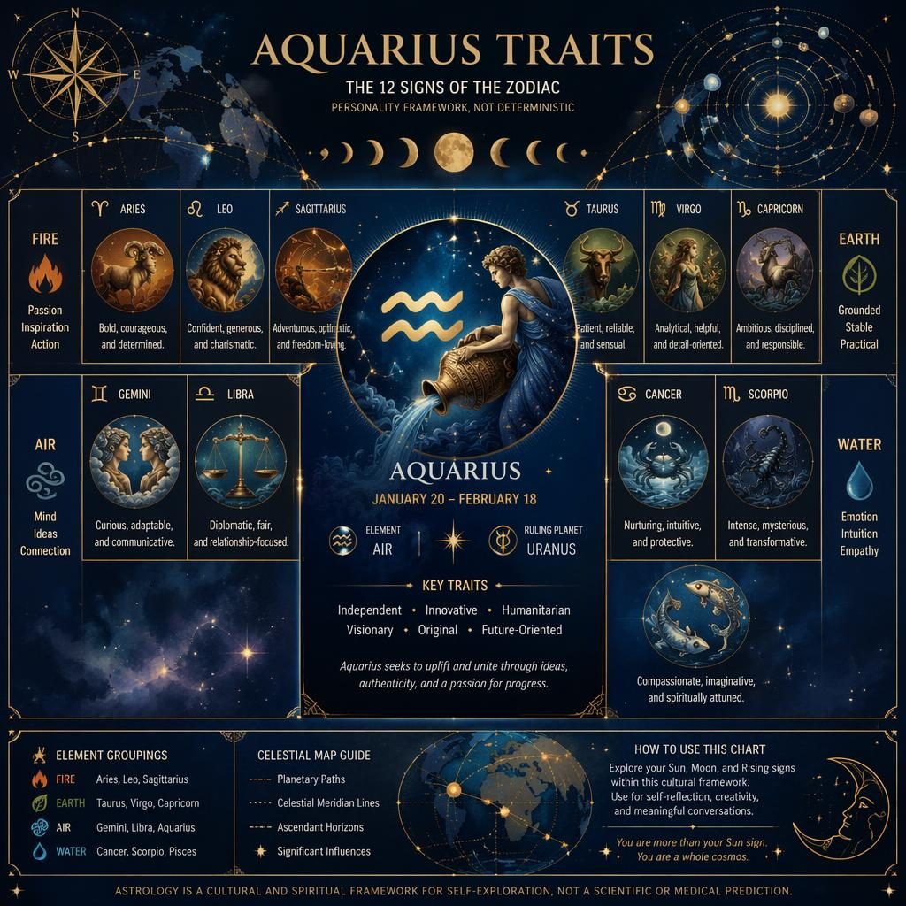 Mystical zodiac infographic showing all 12 signs by element, with Aquarius highlighted in blue and gold celestial details.