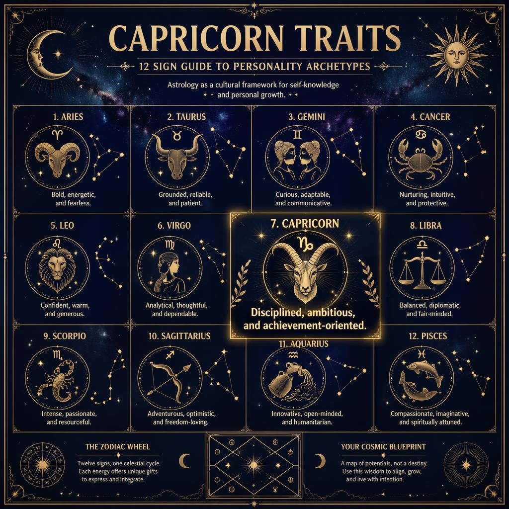 Midnight blue and gold zodiac infographic grid of 12 signs, with Capricorn emphasized, celestial glyphs, constellations and square chart motif.