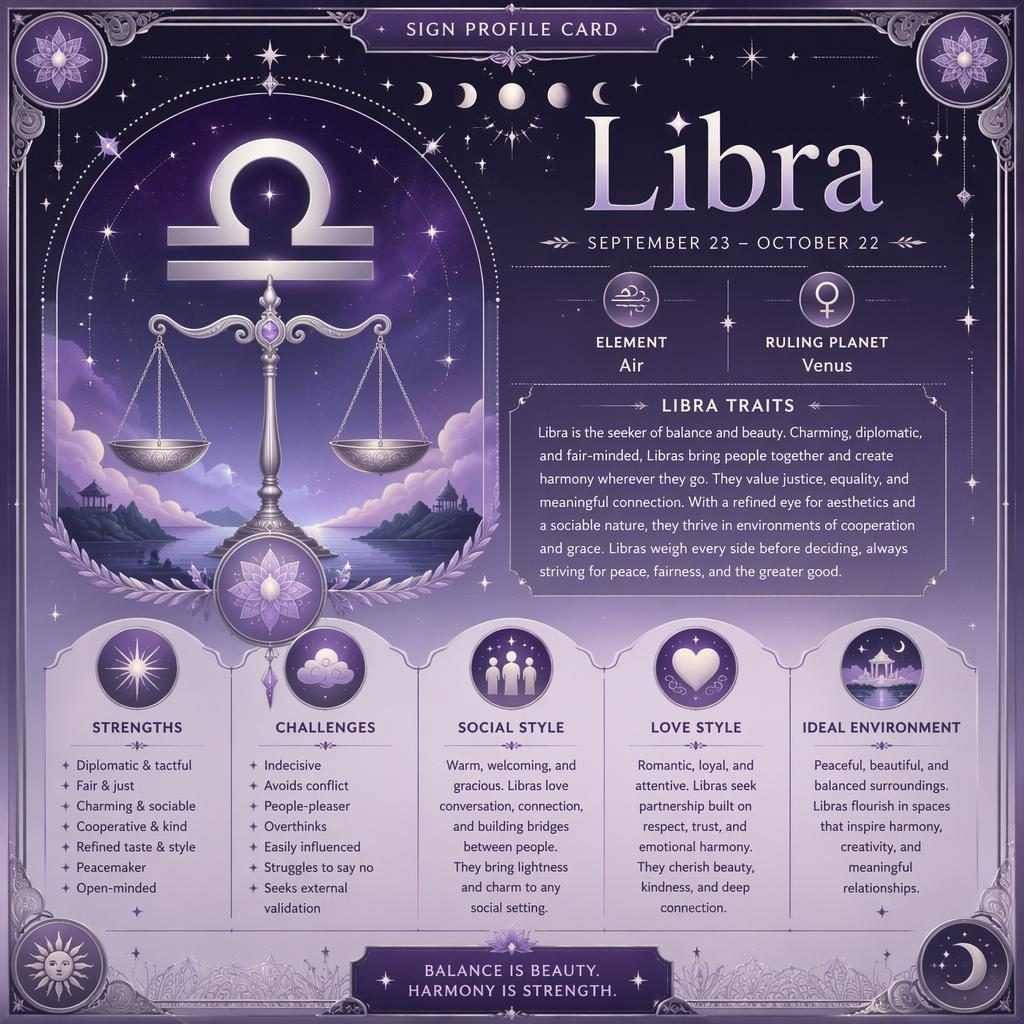 Libra traits infographic card with glyph, dates, element, ruling planet, traits, star charts, moon phases, and silver accents