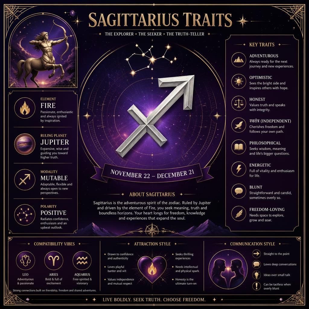 Sagittarius traits infographic with gold glyph, dates, Jupiter, fire element, constellation details on purple background.