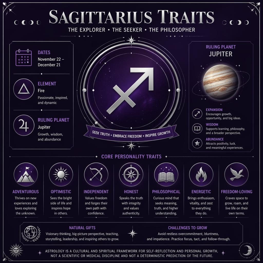 Minimal Sagittarius traits infographic with centered glyph, Jupiter, dates, icons, stars, moon phases, and purple-silver layout.