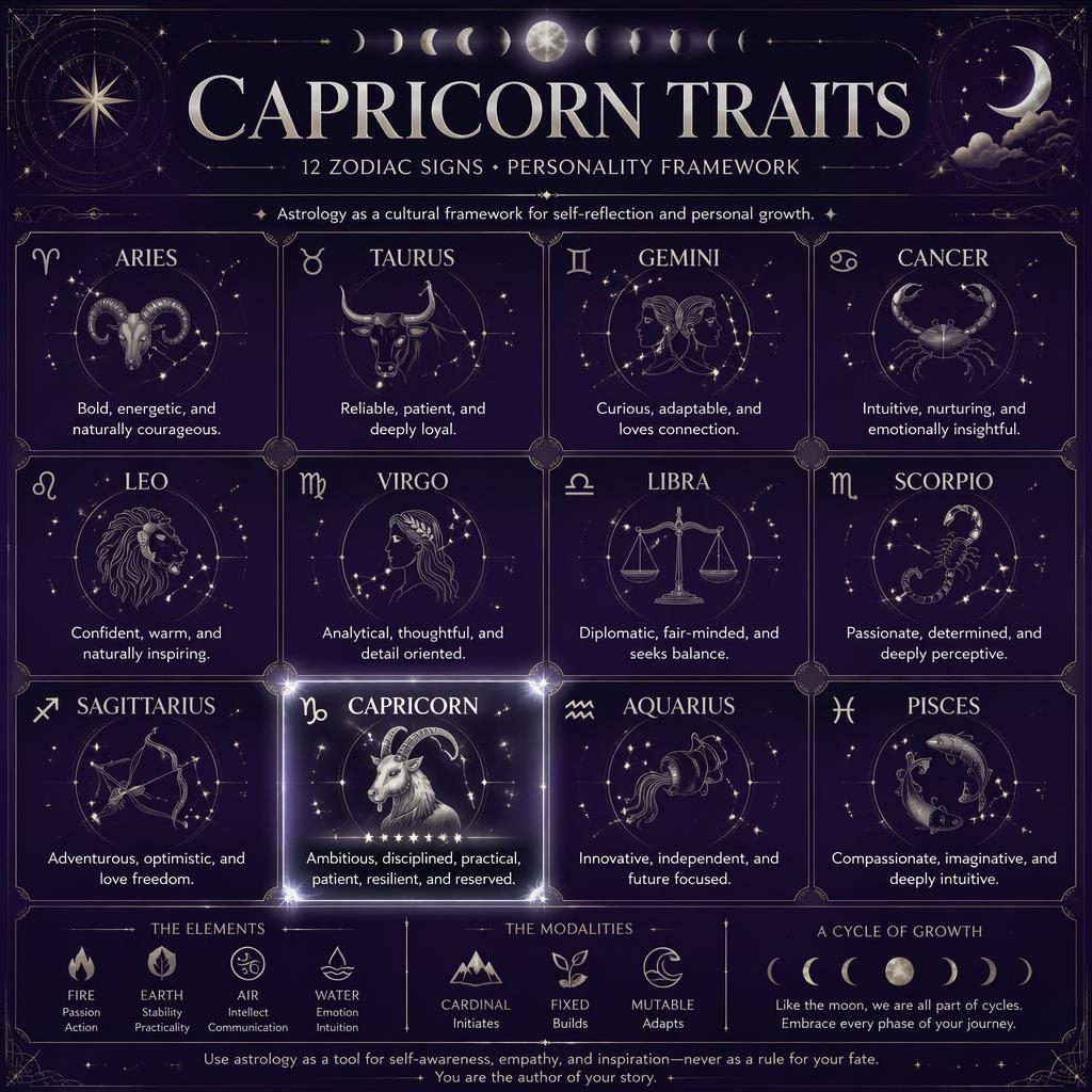 Infografía zodiacal en cuadrícula de 12 signos con Capricornio destacado, estética celestial púrpura profunda y plata.