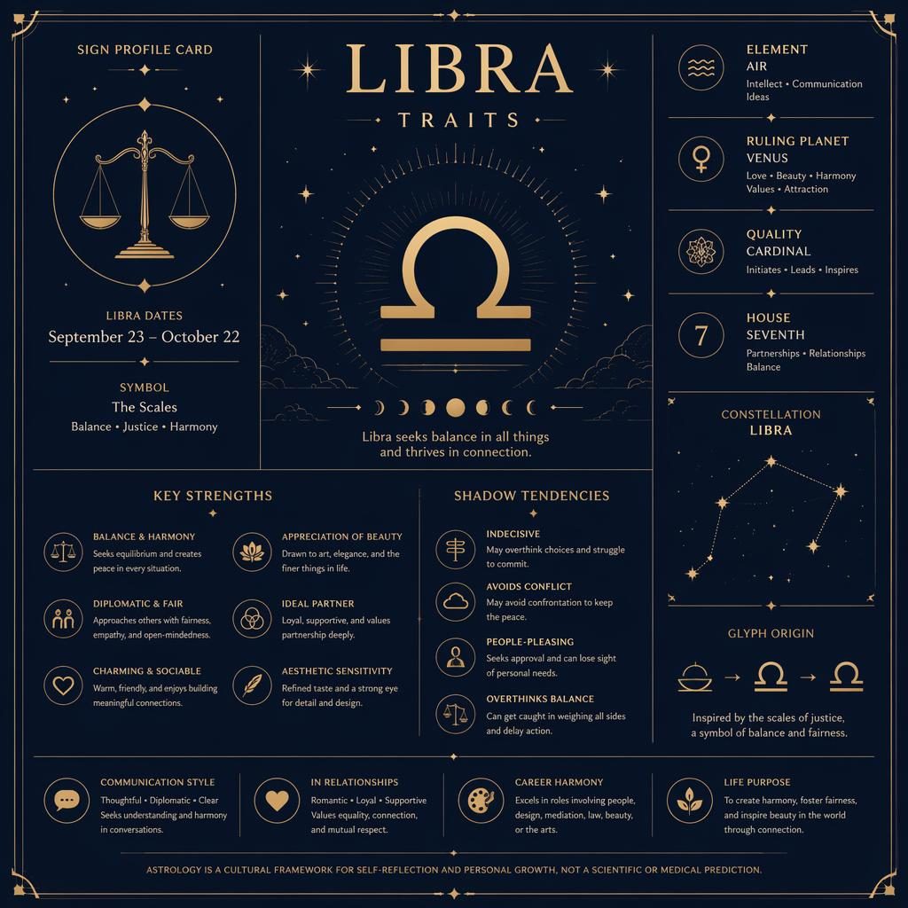 Minimal Libra traits infographic with large glyph, scales symbol, dates, Venus, traits, stars, moon phases, and constellation.