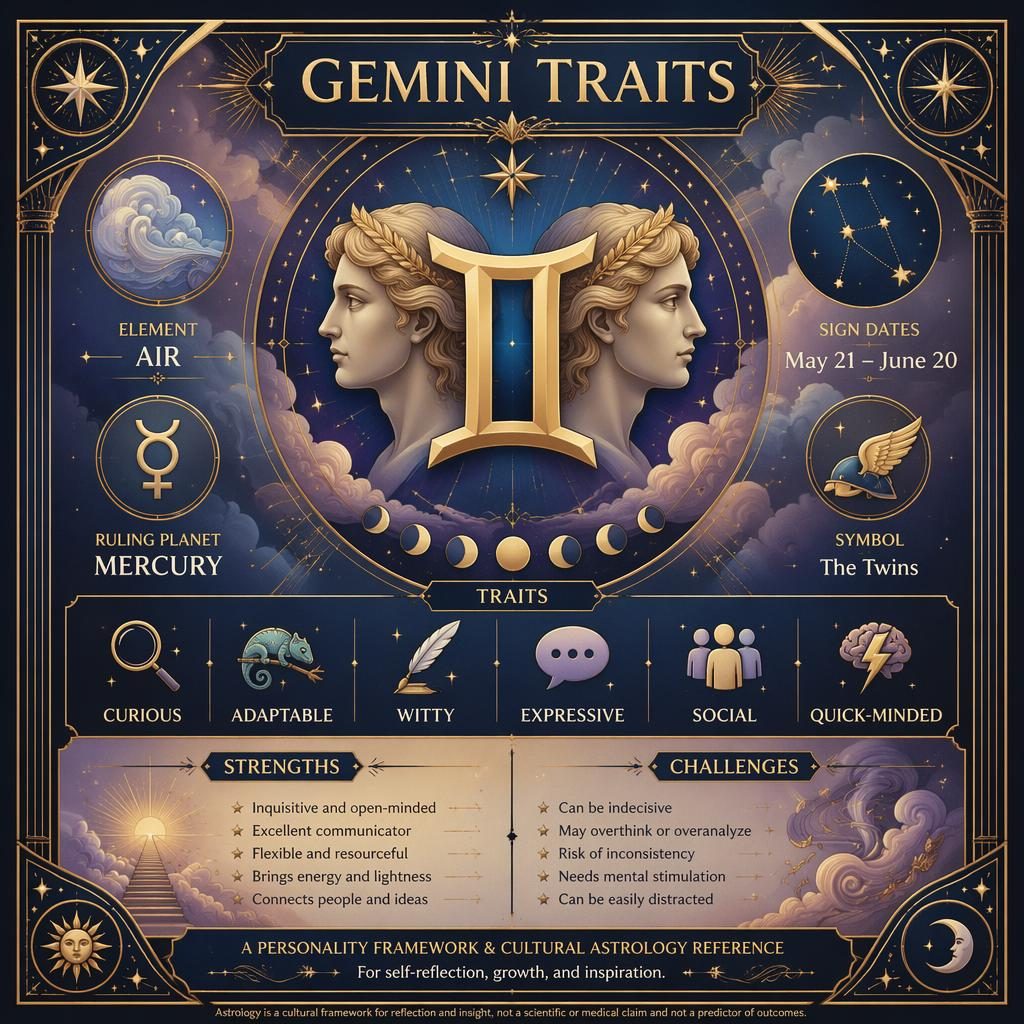 Art deco Gemini traits infographic with gold glyph, deep blue celestial frame, stars, moon phases, clouds, and sign details.