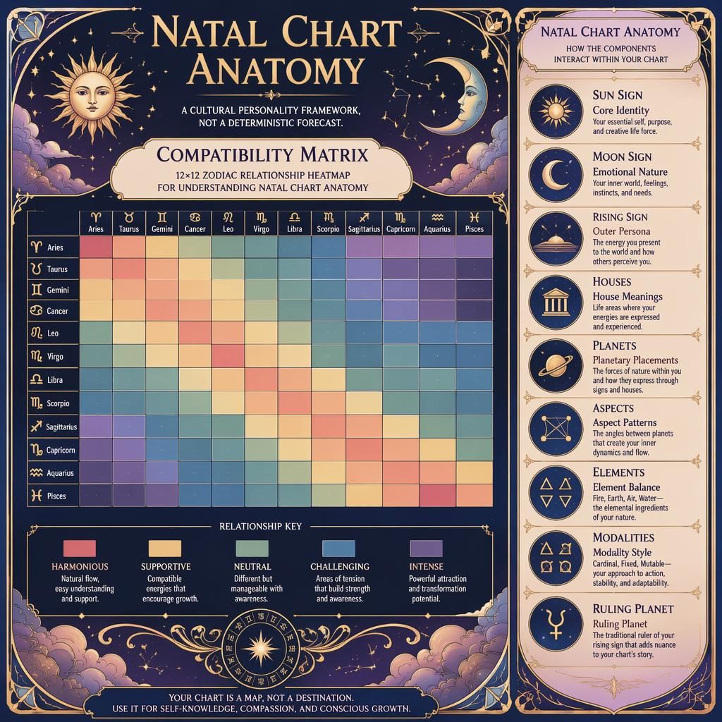 Infografía zodiacal art nouveau con matriz 12x12 de compatibilidad, signos, leyendas en inglés y detalles celestes en pastel.