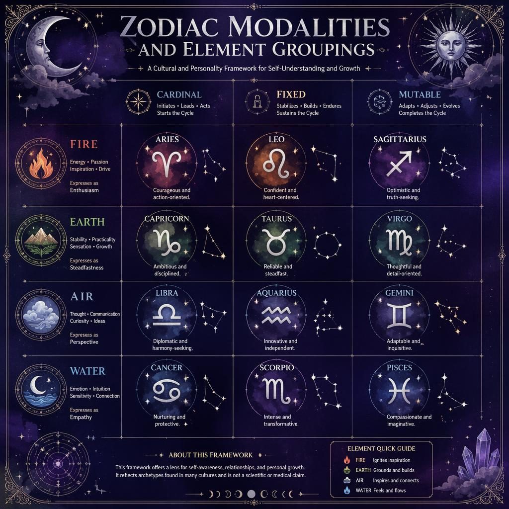 Infografía mística del zodiaco con 12 signos en cuadrícula, secciones por modalidad y anillos de fuego, tierra, aire y agua.