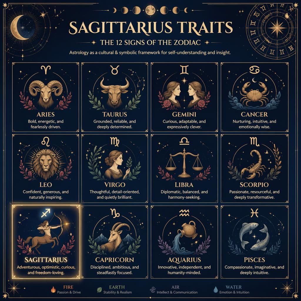 Celestial zodiac grid infographic with Sagittarius highlighted in deep blue and gold, plus constellations, moon phases, and sign traits.