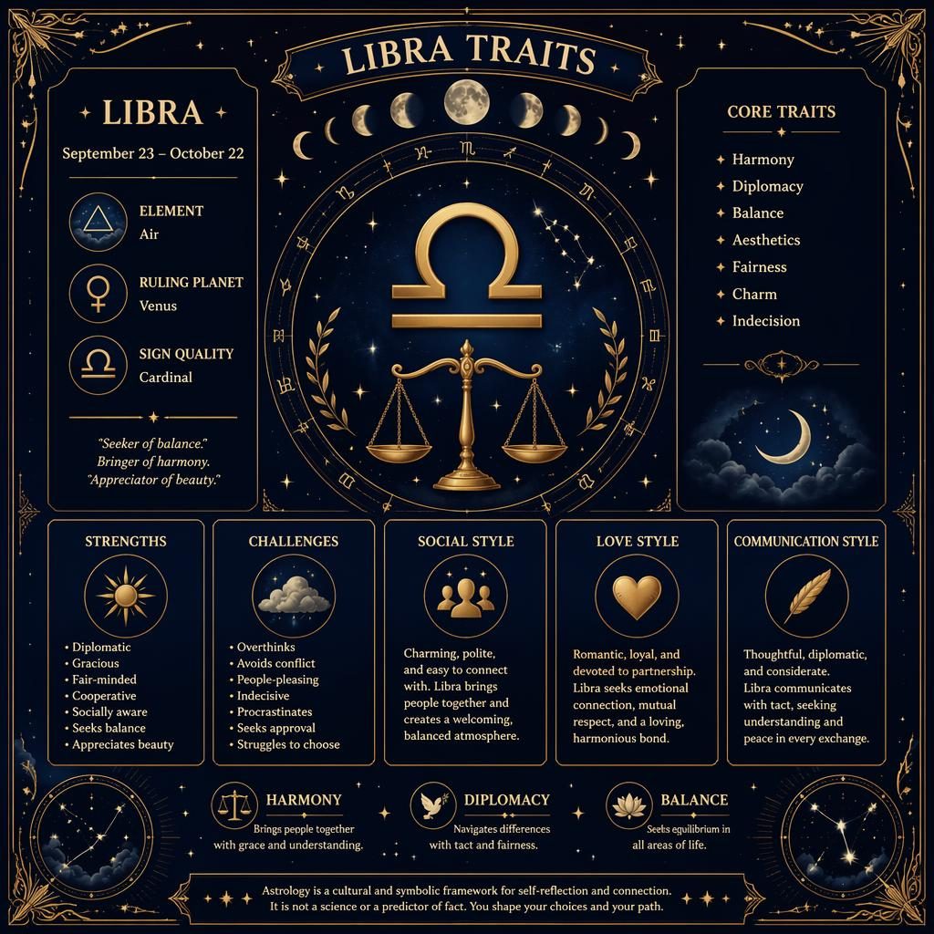 Elegant Libra traits infographic with Libra glyph, scales motif, zodiac wheel, stars, moon phases, and blue-gold border.