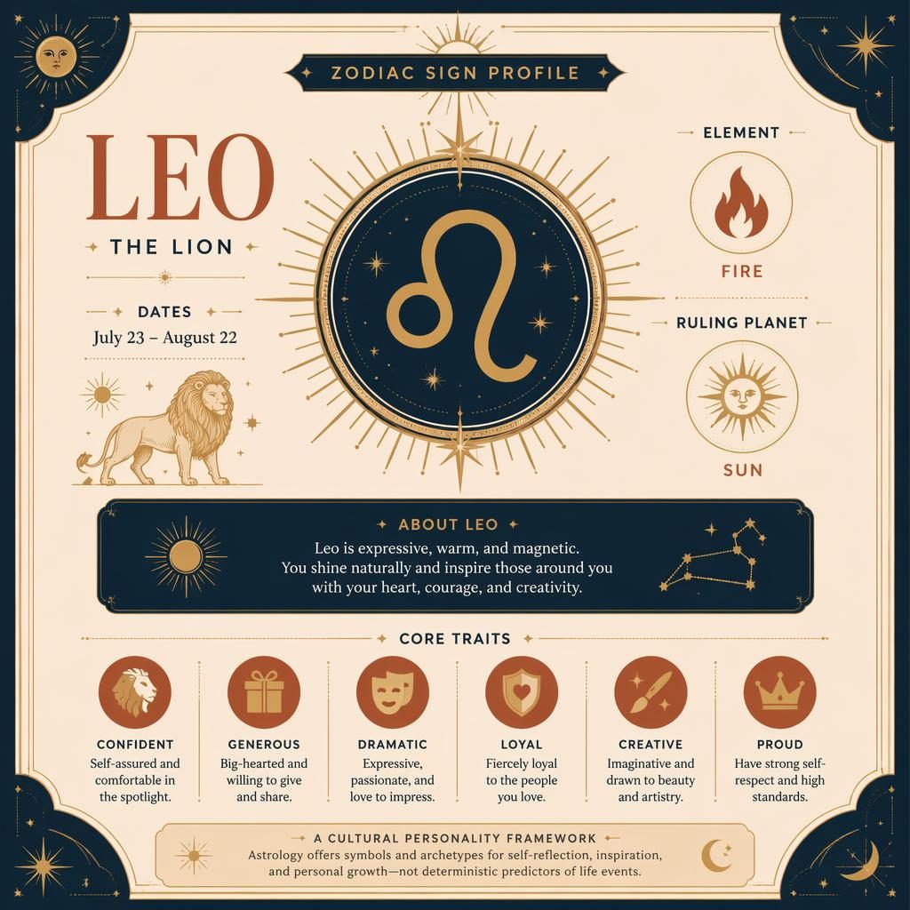 Minimal editorial infographic for Leo traits with central Leo glyph, Sun ruling planet, fire element, dates, icons, stars, and gold accents.