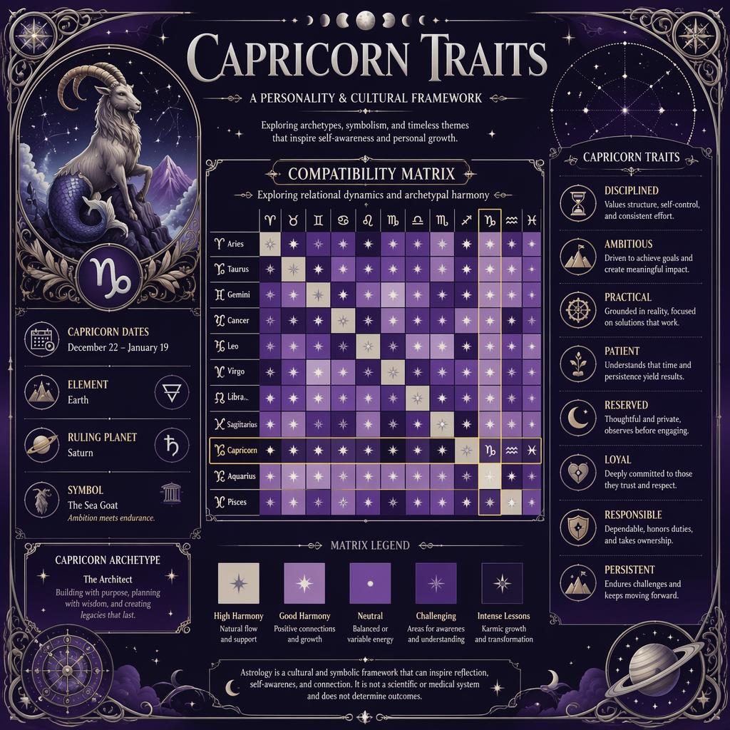 Art nouveau zodiac infographic with a 12x12 compatibility heatmap, Capricorn highlighted, celestial side panels, and purple silver design.