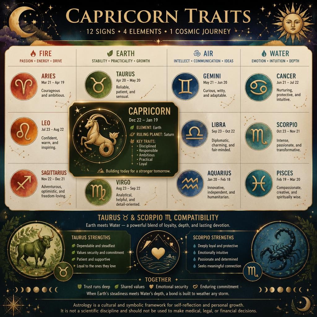 Infographie zodiacale en grille 12 signes, Capricorne mis en avant dans Terre, style aquarelle mystique bleu profond et or.